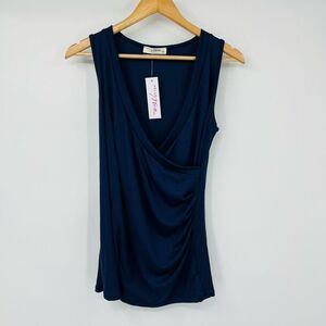 Hello Mia Womens Surplice Drape Neck Sleeve Tank Top Blue Medium NWT